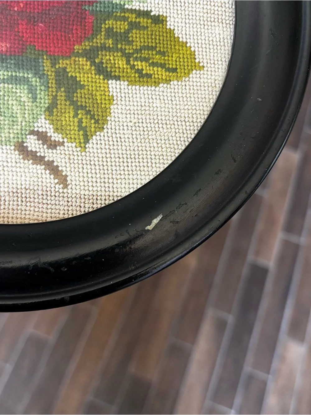 Needlepoint 1967 Red Rose Round Framed Wall Art 8.5” Vintage